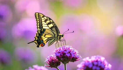 Fototapeta premium A beautiful butterfly with yellow and black wings rests on a vibrant purple flower in soft focus.