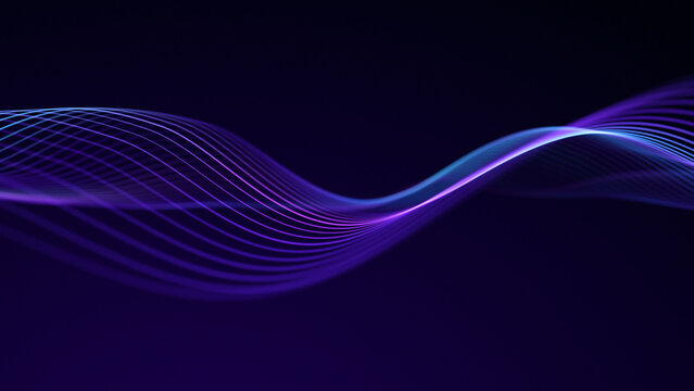 Flowing purple blue abstract waves glowing particles dark background creating futuristic elegant relaxing mood ideal for technology music science projects cinematic digital art premium visual