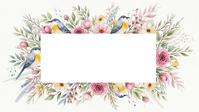 Watercolor birds and flowers surrounding a white rectangular frame with lush foliage and vibrant blooms