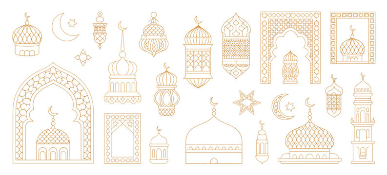 Ramadan ornament elements and arab islam arabesque, oriental muslim art patterns set, vector arabian gold line geometric ornament frame borders, ramadan lanterns, and mosque arches ornament elements