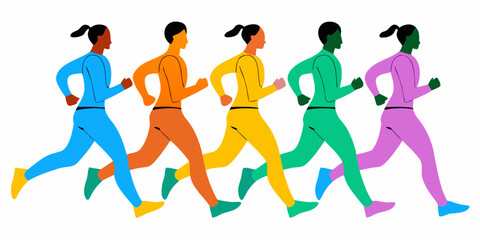 A group of diverse people running together in a colorful stylized illustration
