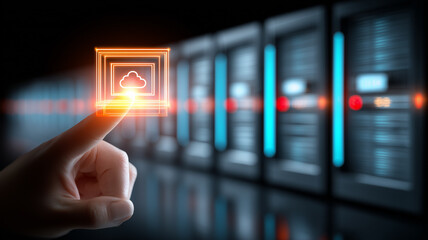 A digital cloud infrastructure icon activated by a human finger representing cloud computing access data management and digital services control.
