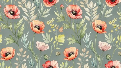 Vibrant floral pattern featuring poppy flowers and lush greenery in a serene botanical illustration from a close-up viewpoint