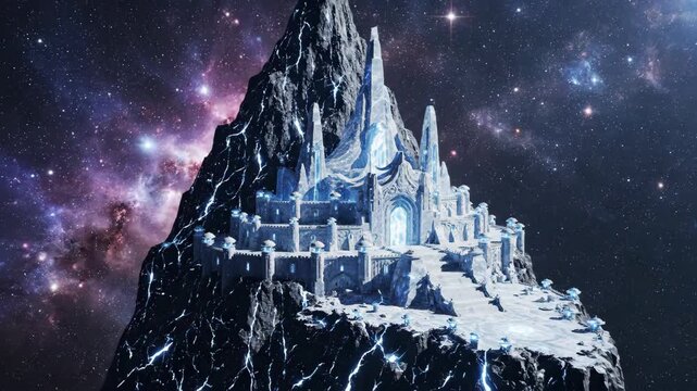 A moonstone fortress castle carved into a celestial mountain