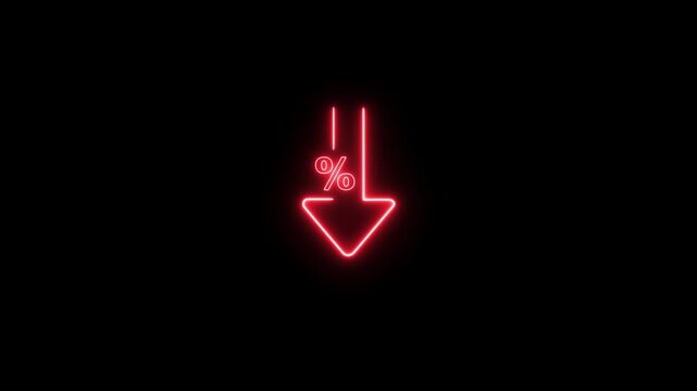 Percent down line icon animation. neon icon on black background.