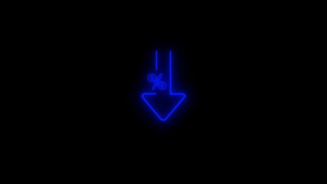 Percent down line icon animation. neon icon on black background.