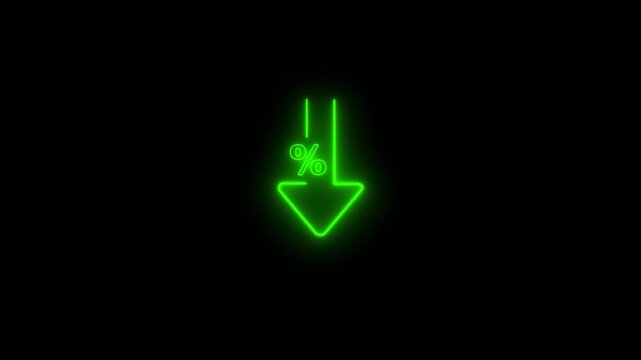 Percent down line icon animation. neon icon on black background.