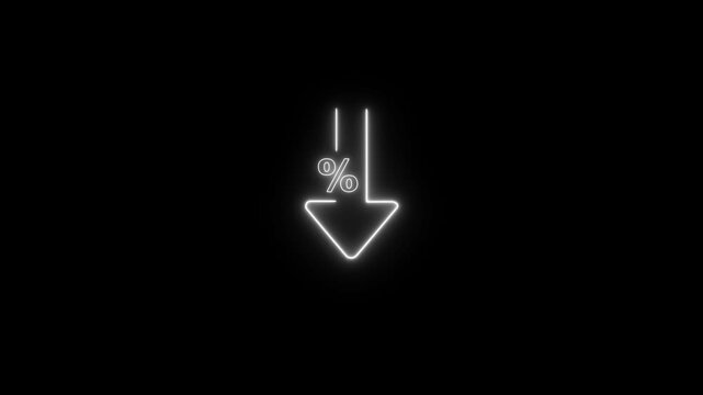 Percent down line icon animation. neon icon on black background.