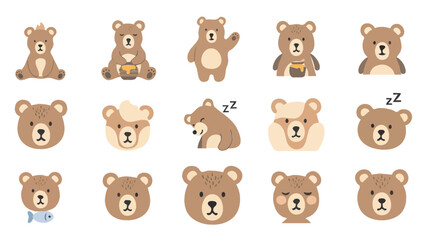 Collection of cute cartoon bears in various poses and expressions.
