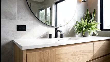 Modern bathroom vanity with natural wood grain and a circular mirror showcases minimalist design elements creating a serene and luxurious spa-like atmosphere for relaxation