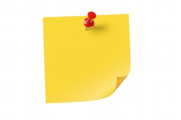 Yellow sticky note with a red push pin office isolated on a transparent background