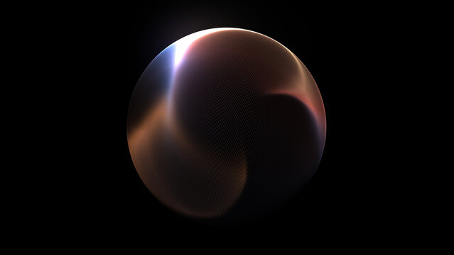 Abstract liquid copper sphere on black background, orange brown blue gradient 3D ball, soft multicolor gradient rotation waves forming smooth spherical shape, subtle blur and dark tones, simple 
