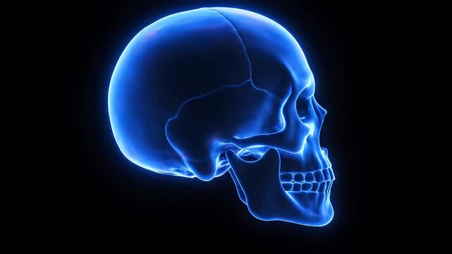 Blue XRay Skull Rotating on Black Background Medical Imaging of Human Head.