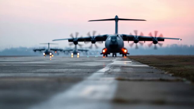 trategic military airfield with cargo planes and helicopters preparing for mission, atmospheric morning light emphasizing strength and precision air force base, military cargo 4K