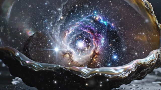 A pearl oyster shell revealing a bright nebula within