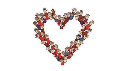 Illustrations of diverse people forming a heart shape with red, white, and blue clothing on National Wear Red Day in America to show love and support.
