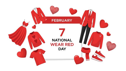 Illustration of National Wear Red Day on February 7th with vector graphics of red clothing and hearts on a white background.