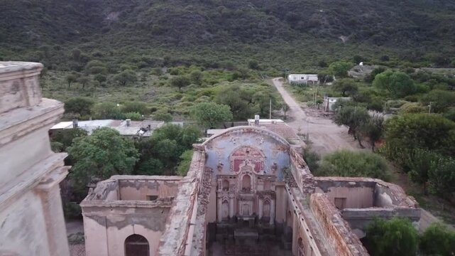 Ruins of a nineteenth-century colonial parish with split walls and no roof after the impact of earthquakes in Ambil La Rioja Argentina.