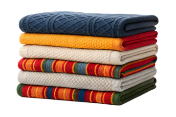Stacked Colorful Textured Throw Blankets - Cozy Knitted Cotton Afghan Pile