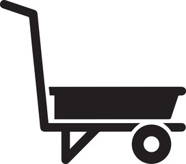 A simple silhouette illustration of a single-wheeled wheelbarrow icon for gardening and construction