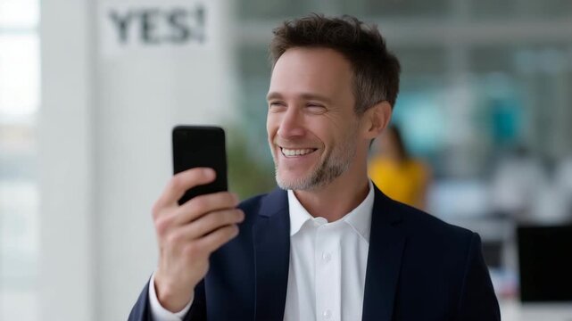 a happy professional businessman executive or investor celebrating financial success in a modern office
