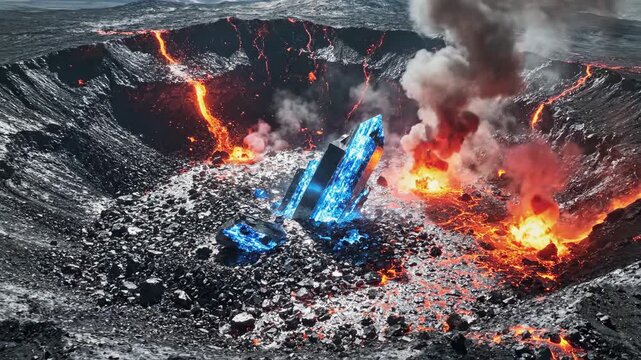 A blue crystal in a fiery volcanic meteorite impact crater