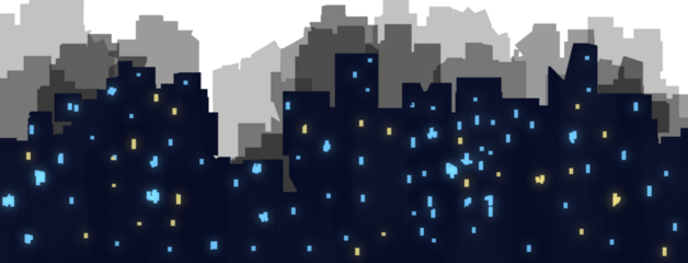 City skyline silhouette at night with glowing blue and yellow window lights on dark background