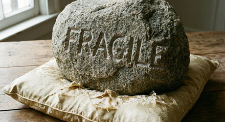 Heavy stone with fragile text carved into it resting on soft pillow