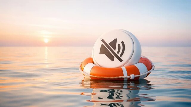 Life buoy with mute button gently floating on calm ocean waves at sunset - emotional safety, digital wellbeing, and quiet crisis readiness through silence