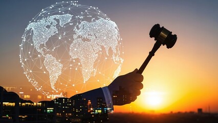Hand holds a judge's gavel against a global network sphere and vibrant urban sunset backdrop.