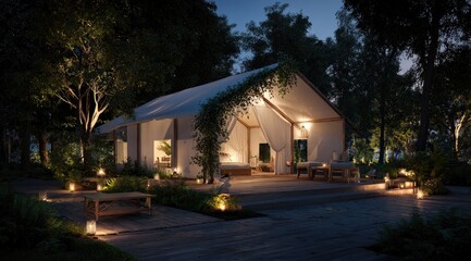 Illuminated tent-cabin in the woods, warm glow, dusk or night scene