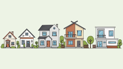 Diverse residential houses arranged in a row illustration.