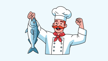 Proud cartoon chef with a red mustache happily holding up a large fresh fish to show off his quality ingredient.