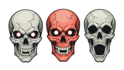 Set of three evil and angry skulls with different expressions, including glowing eyes, fangs, and a screaming mouth.