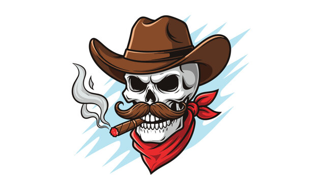 Wild west cowboy skull with a mustache and bandana smoking a cigar while wearing a classic brown cowboy hat illustration.