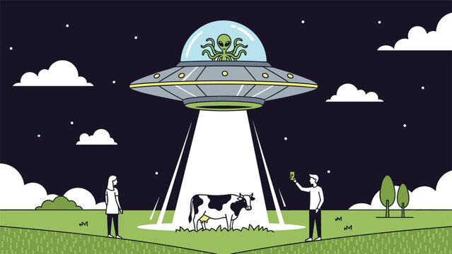 Cartoon scene of a UFO with an octopus-like alien abducting a cow with a tractor beam as two people watch at night.