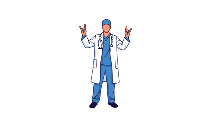 Fototapeta premium Cool male doctor in a white coat and scrubs shows a fun and energetic personality by making a rock-on hand gesture.