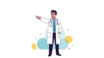 Friendly and confident male doctor in a white coat smiles while pointing to the side, presenting information or medical advice.
