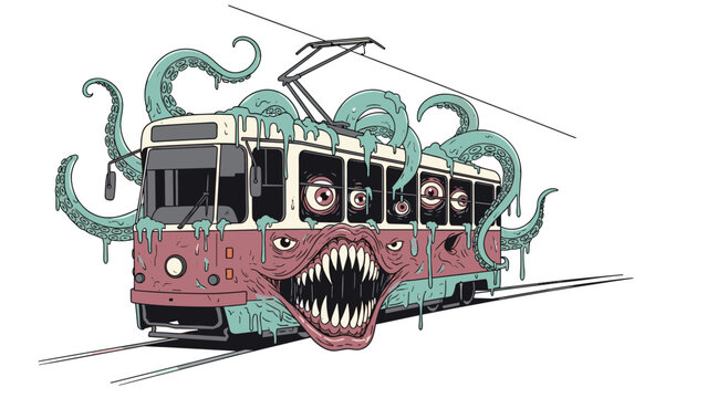 Horrifying streetcar monster with slimy green tentacles, multiple staring eyes, and a giant mouth full of sharp, menacing teeth.