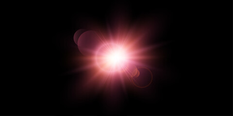 Glowing red flare with starburst rays and soft halo. Powerful light effect isolated for overlay and visual effects.