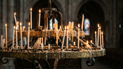 Candle chandelier with dripping wax in historic church interior  