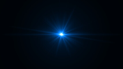 Bright blue lens flare with a striking starburst light effect, digitally rendered as an abstract and futuristic background element, isolated on black background