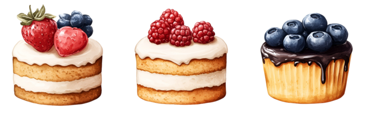 Three small layer cakes with fresh berries