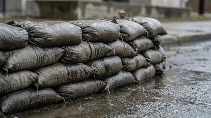 Sandbags stacked on wet pavement in urban environment during rain  