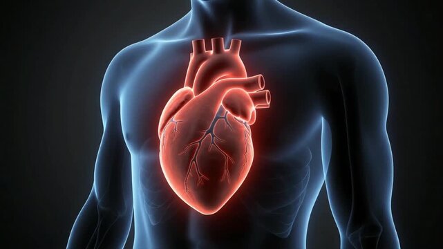 A cinematic medical visualization of the heart transitioning from normal function to reduced circulation. Subtle color shifts indicate oxygen deprivation in heart muscle tissue.