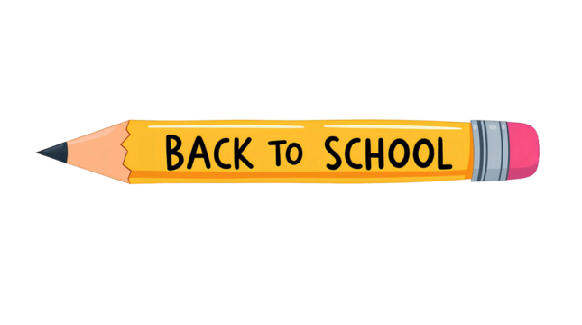 Whimsical Cartoon Pencil Illustration with Back to School Text – Flat Kids Design isolated on transparent background - Powered by Adobe