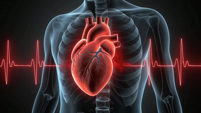 A clean medical visualization of a heart attack mechanism, showing artery narrowing followed by reduced blood supply. The heart rhythm changes subtly.