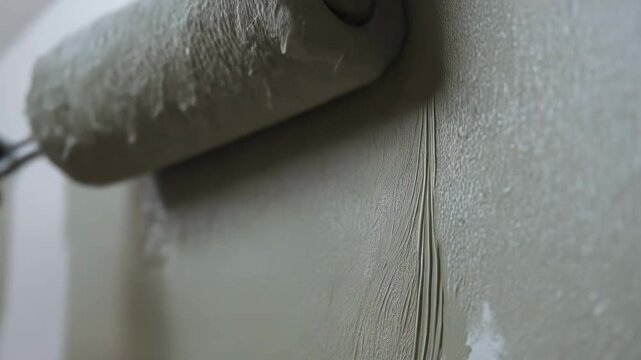 Close-up of paint roller applying fresh paint on interior wall. Renovation process detail with texture, movement and neutral tones, showing home improvement work in progress.