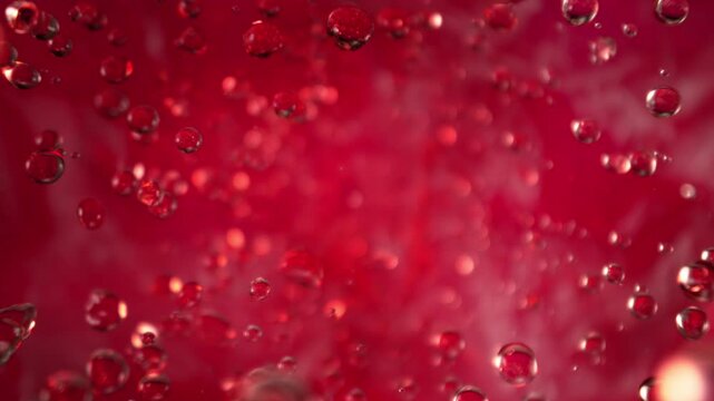 Super Slow Motion Shot of Flying Red Lemonade Liquid Drops Towards Camera at 1000fps.