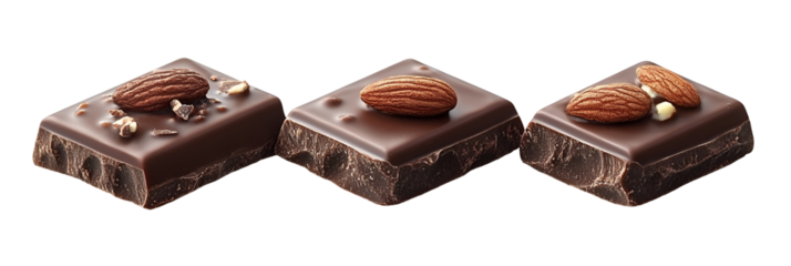 Three square dessert items with toppings on transparent background